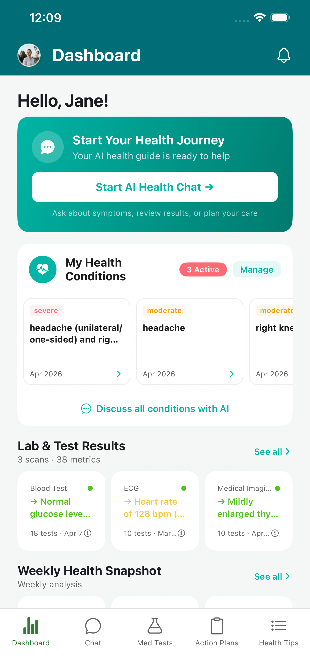 HealthEcho dashboard showing health overview